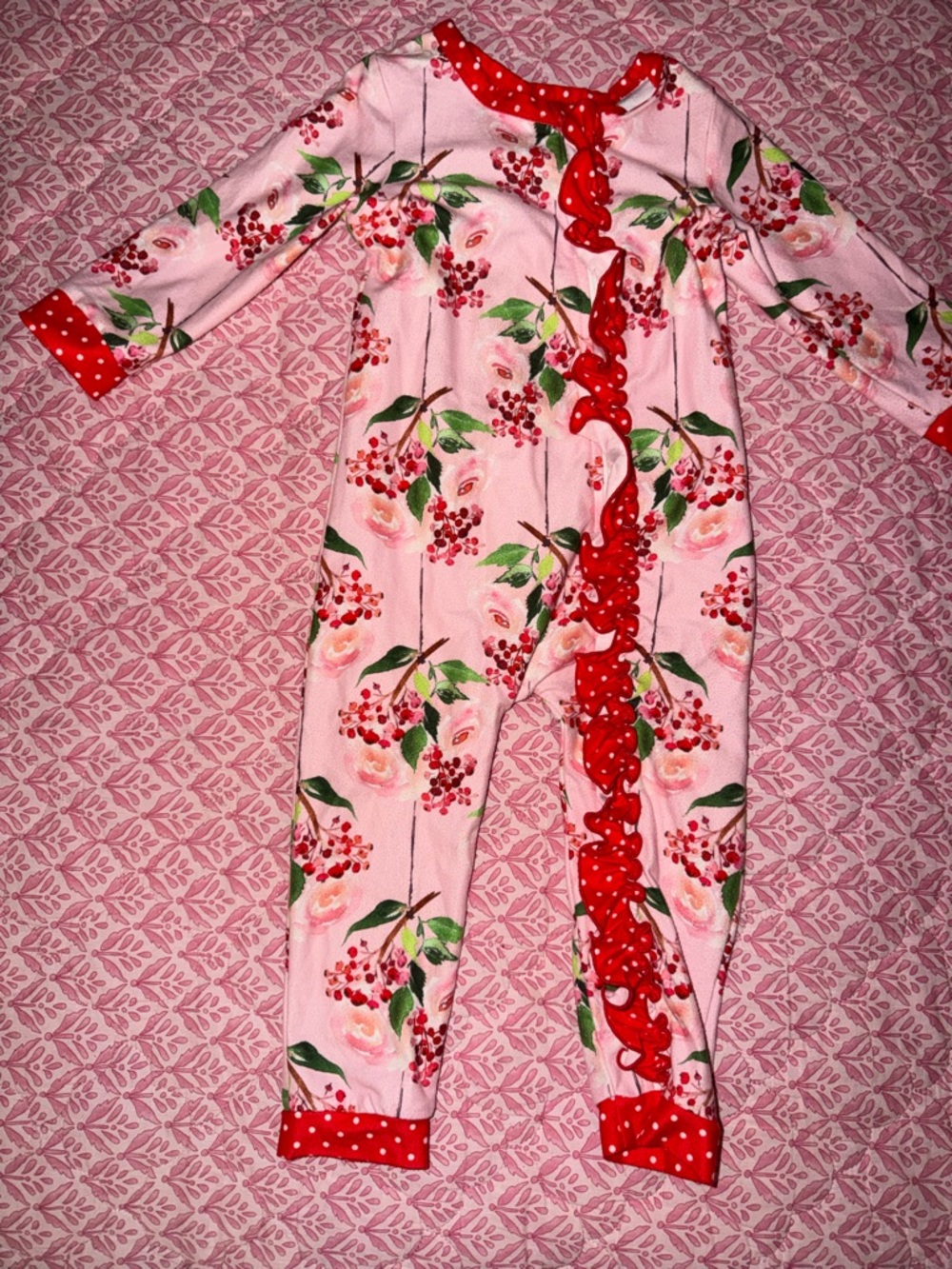 Pink Floral Ruffle-Front Kids Pajamas